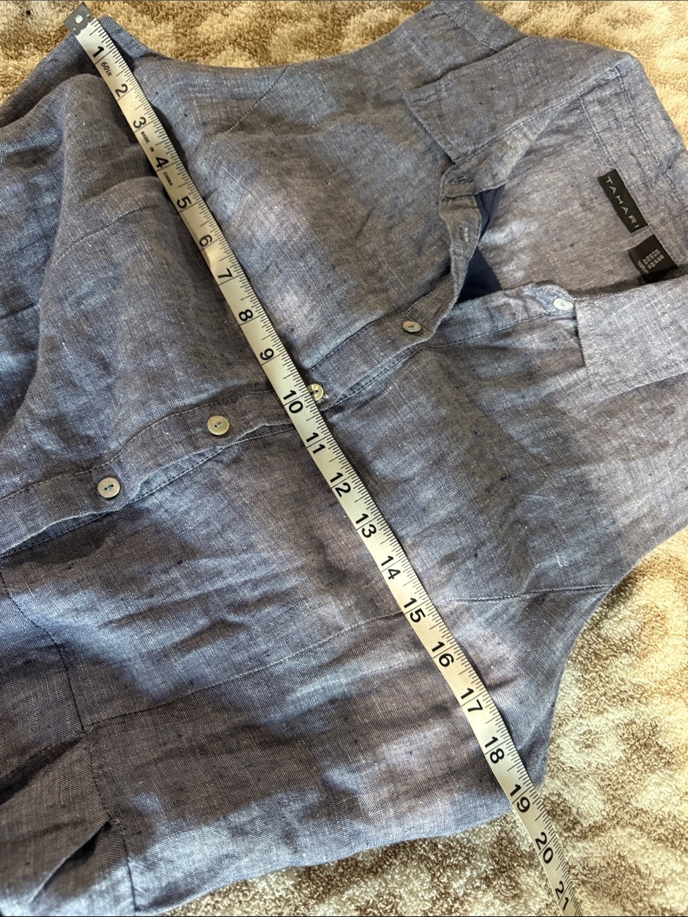 TAHARI 100% Linen Blue Chambray A Line Embroidered Eyelet Collared Shirt Dress - Picture 7 of 8